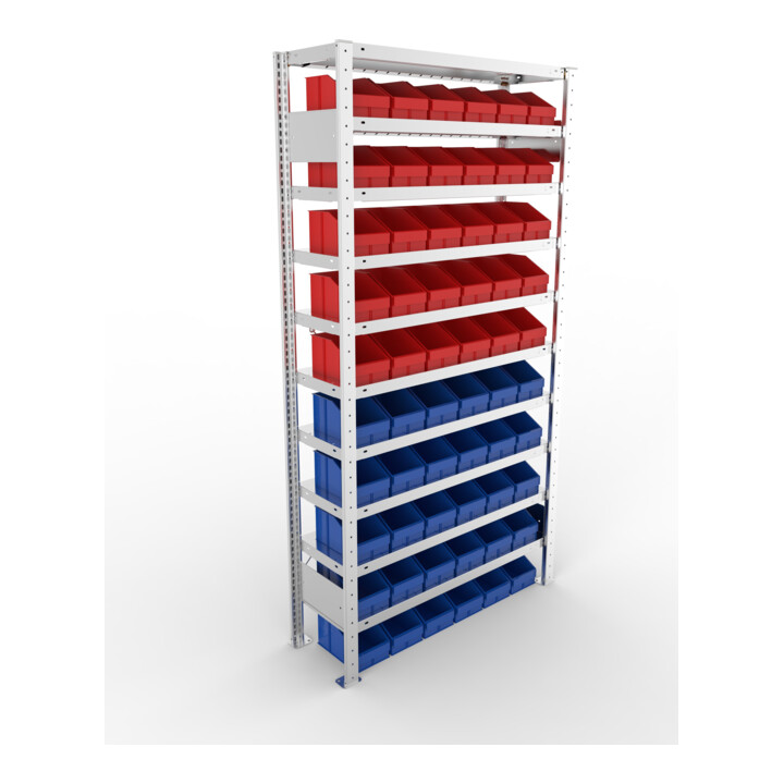 META Steckregal S3 CLIP 100 2000 x 1000 x 300mm verzinkt mit 10 Böden blau rot