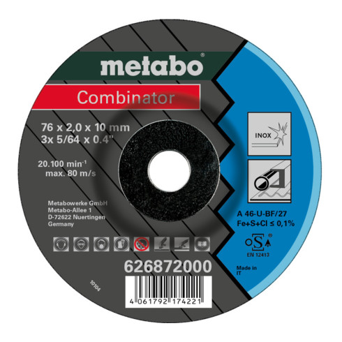 Metabo 3 Combinator 76x2,0x10 mm, Inox, doorslijp- en slijpschijf, gekartelde uitvoering