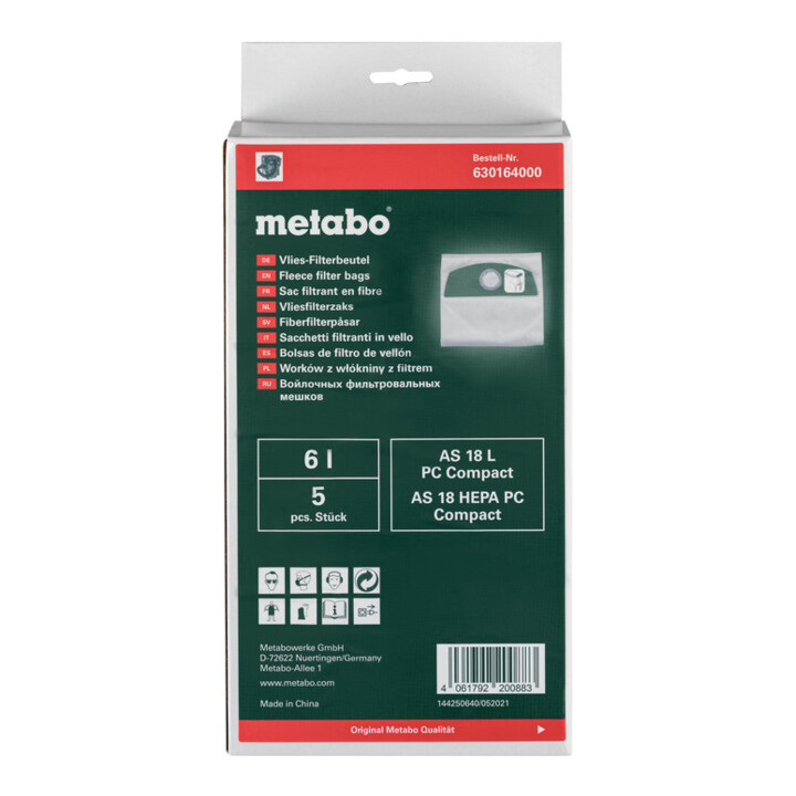 Metabo 5 sacs filtrants molletonnés - 6 l, convenant à l'AS 18 L PC Compact / AS 18 HEPA PC Compact