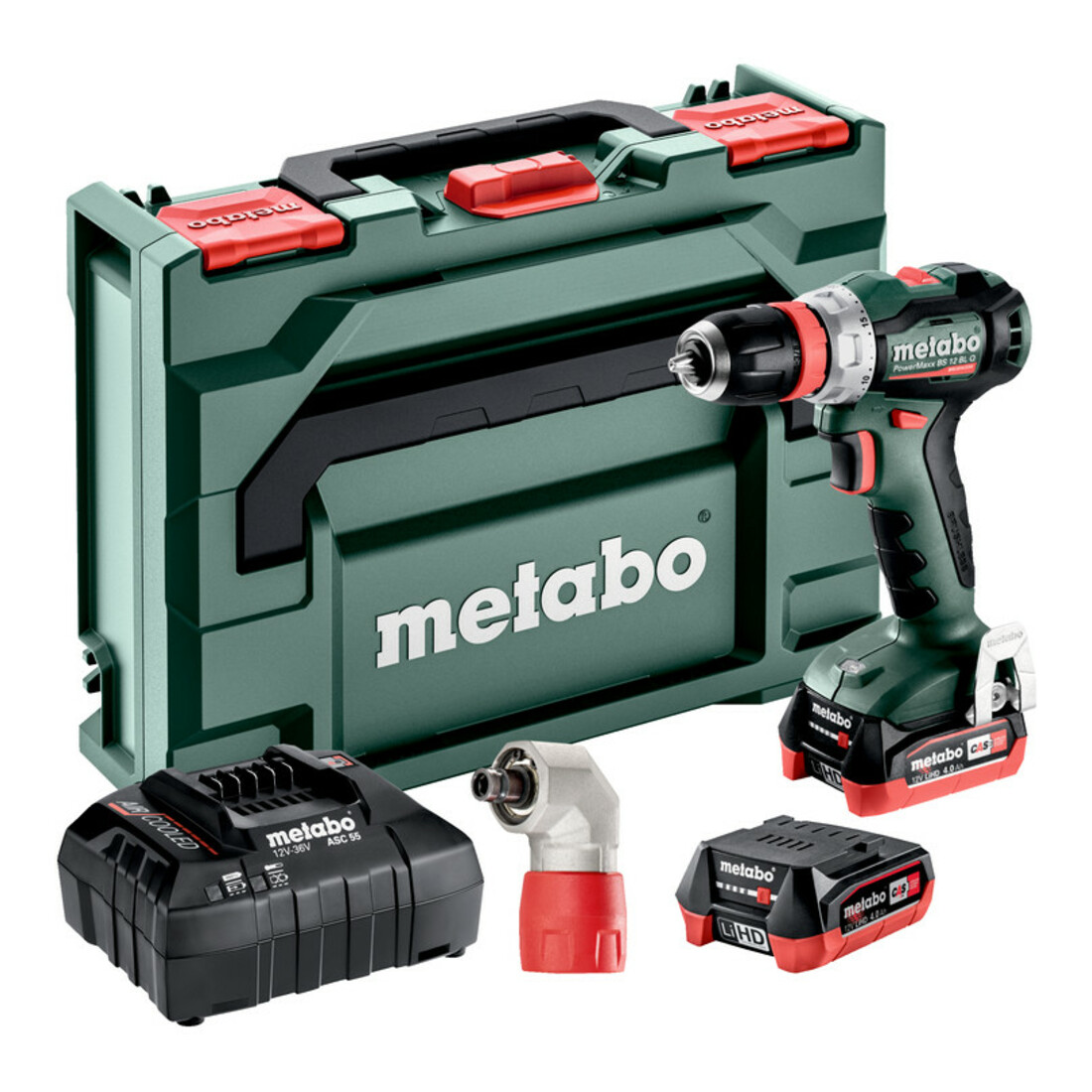 Metabo Accu-boorschroefmachine PowerMaxx BS 12 BL Q Pro (601045920) met haaks wissel-voorzetstuk "Quick"; metaBOX 118; 12V 2x4Ah LiHD + ASC 55