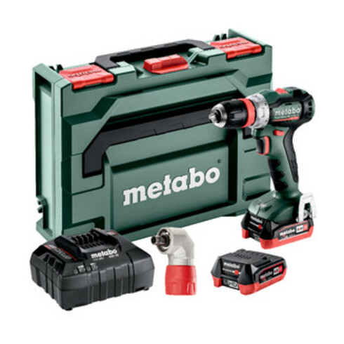 Metabo Accu-boorschroefmachine PowerMaxx BS 12 BL Q Pro (601045920) met haaks wissel-voorzetstuk "Quick"; metaBOX 118; 12V 2x4Ah LiHD + ASC 55