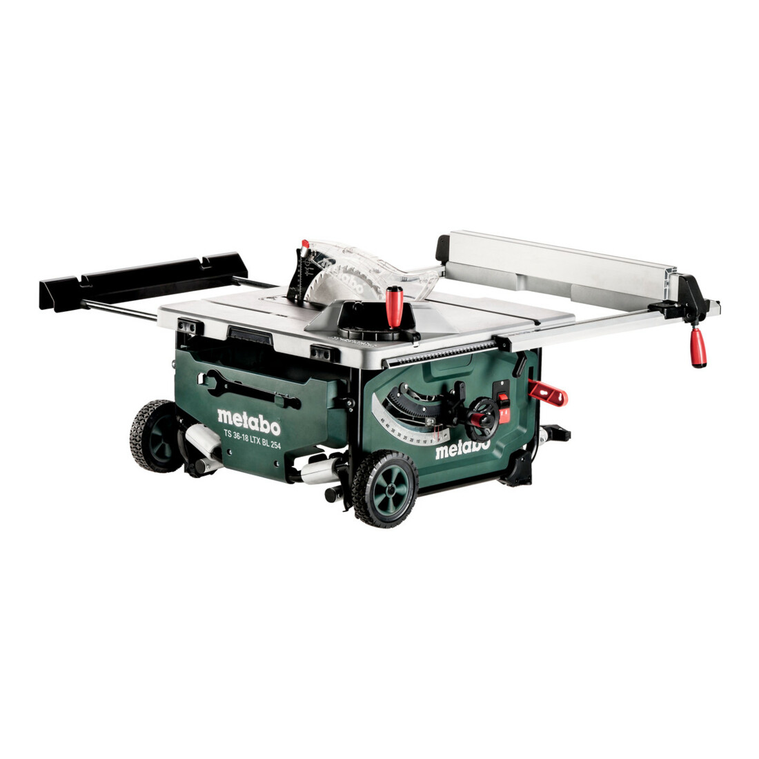 Metabo accu-tafelcirkelzaag TS 36-18 LTX BL 254 met onderstel en trolleyfunctie; doos; 18V 4x8Ah LiHD + ASC 145 Duo