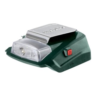 Metabo Adattatore per alimentazione a batteria PA 14.4-18 LED-USB con collegamento da 12 V e luce a LED, cartone