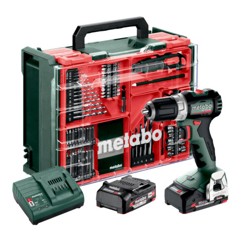 Metabo Akku-Bohrschrauber BS 18 L BL Set (613155710) mit 74-teiliger Mobiler Werkstatt, Kunststoffkoffer, 18V 2x2Ah Li-Power + SC 30