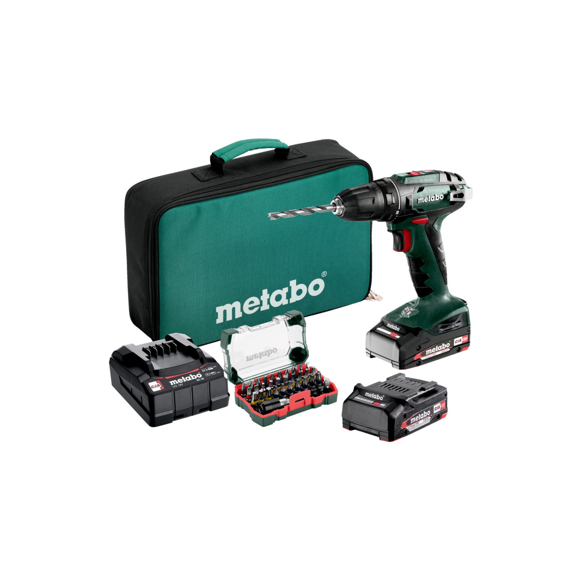 Metabo Akku-Bohrschrauber BS 18 Set (602207930) mit Bit-Box SP (32-teilig), Werkzeugtasche, 18V 2x2Ah Li-Power + SC 30