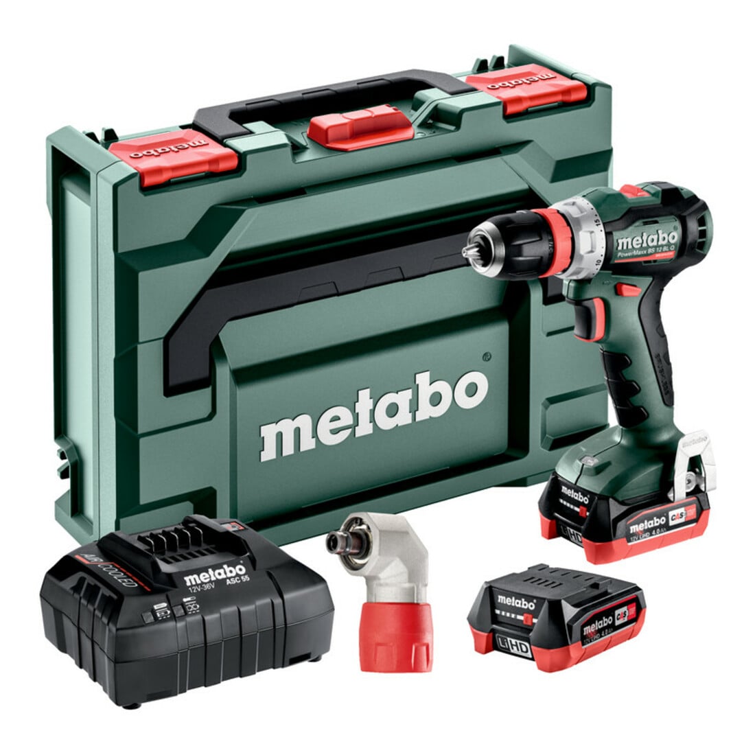 Metabo Akku-Bohrschrauber PowerMaxx BS 12 BL Q Pro (601045920) mit Schnellwechselwinkeladapter "Quick", metaBOX 118, 12V 2x4Ah LiHD + ASC 55