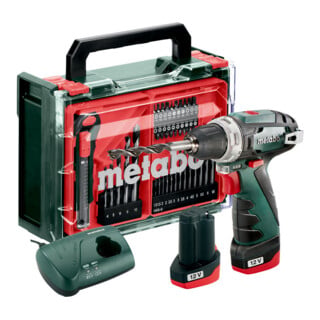 Metabo Akku-Bohrschrauber PowerMaxx BS Basic Set (600080710) mit 41-teiliger Mobiler Werkstatt, Kunststoffkoffer, 12V 2x2Ah Li-Power + LC 40