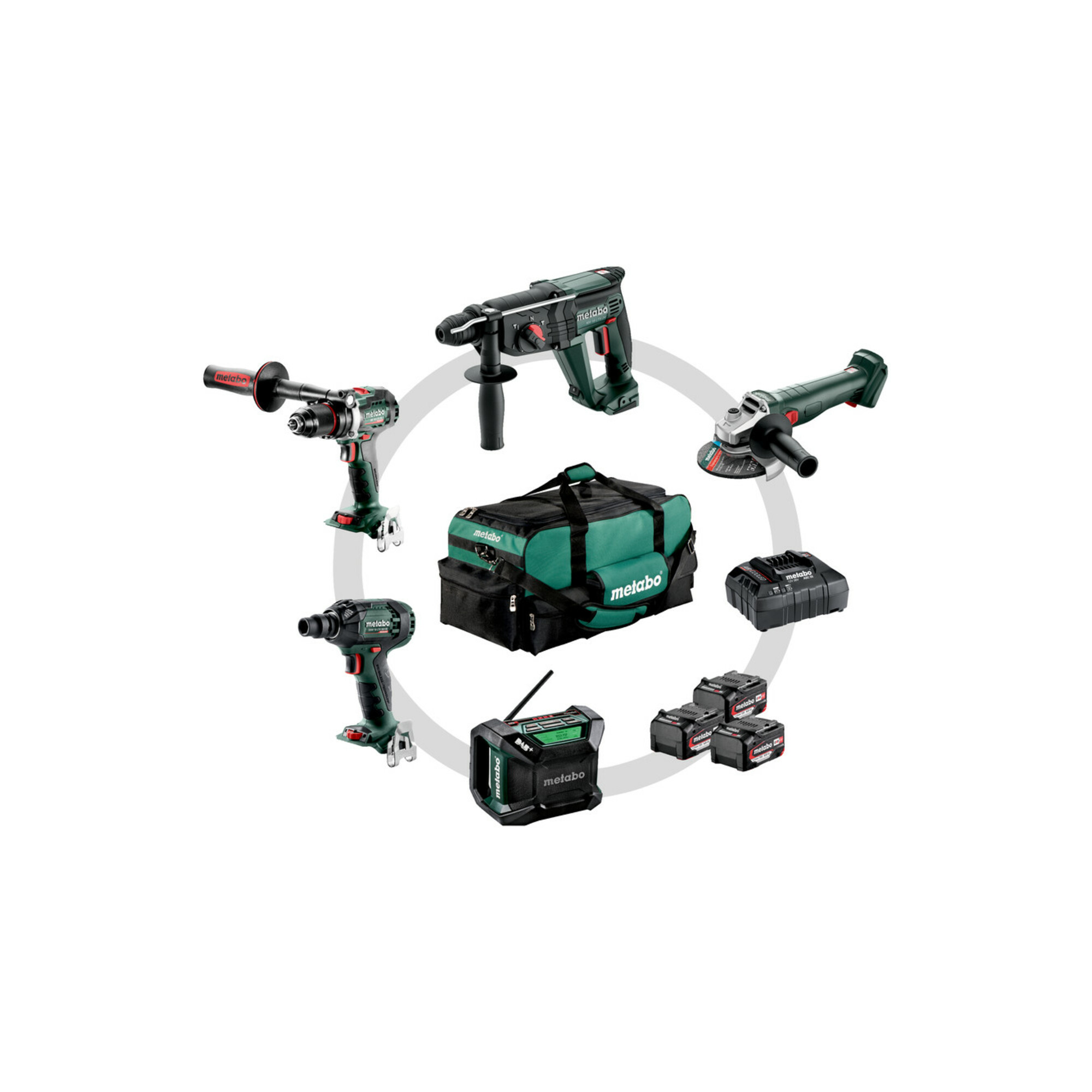 Metabo Akku Combo Set Bauhandwerk 5.2 BS 18 LTX BL + KH 18 LTX 24 + W 18 L 9-125 Quick + SSW 18 LTX 300 BL + R 12-18 DAB BT; Werkzeugtasche
