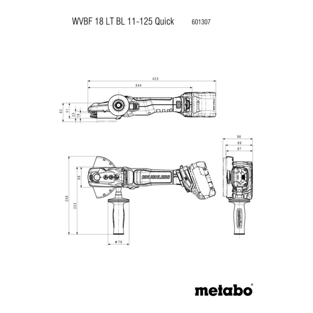 Metabo Akku-Flachkopf-Winkelschleifer WVBF 18 LT BL 11-125 Quick (601307840), metaBOX 165 L
