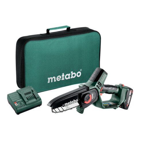 Metabo Akku-Gehölzsäge MS 18 LTX 15 (600856500) Werkzeugtasche, 18V 1x2Ah Li-Power + SC 30