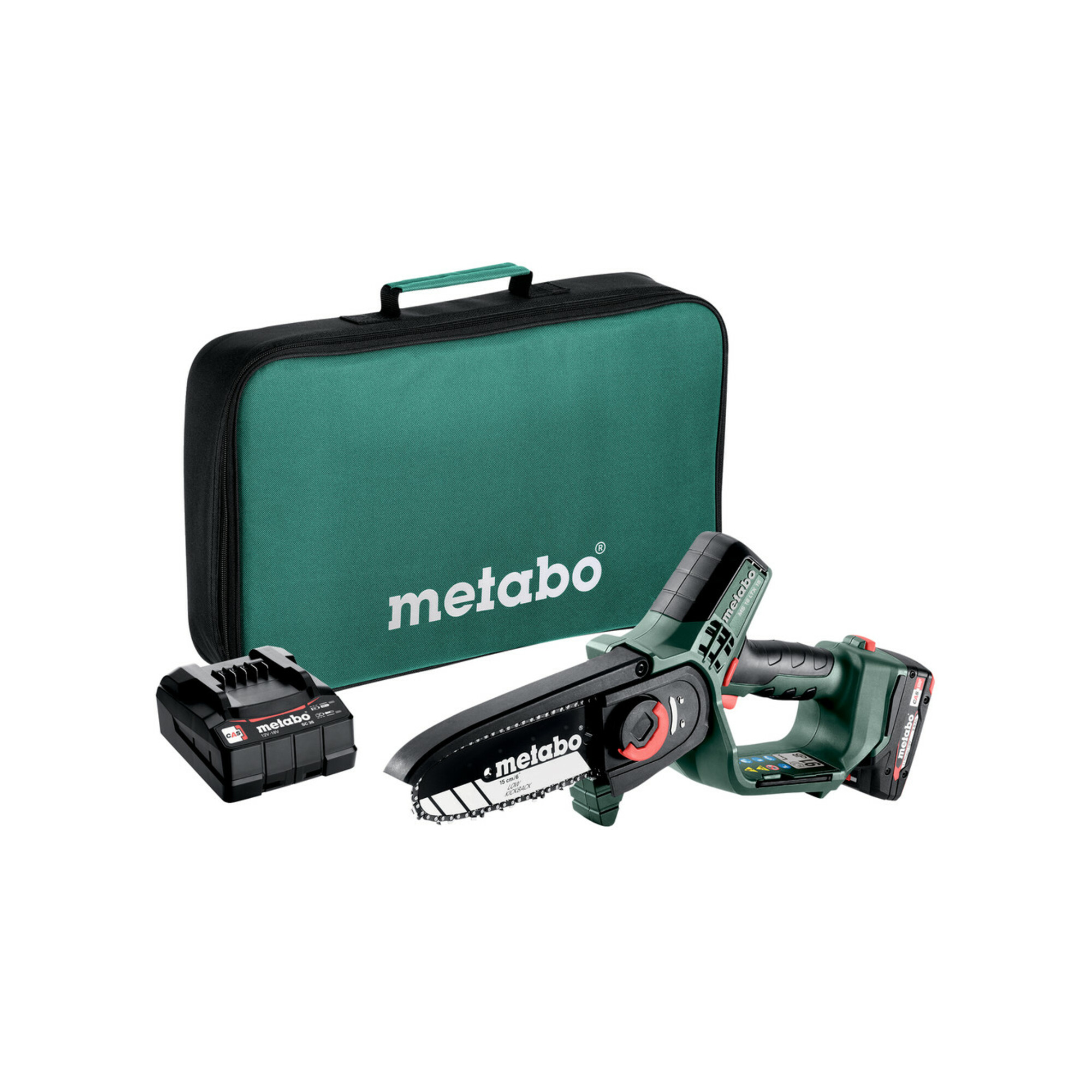 Metabo Akku-Gehölzsäge MS 18 LTX 15 (600856500) Werkzeugtasche, 18V 1x2Ah Li-Power + SC 30
