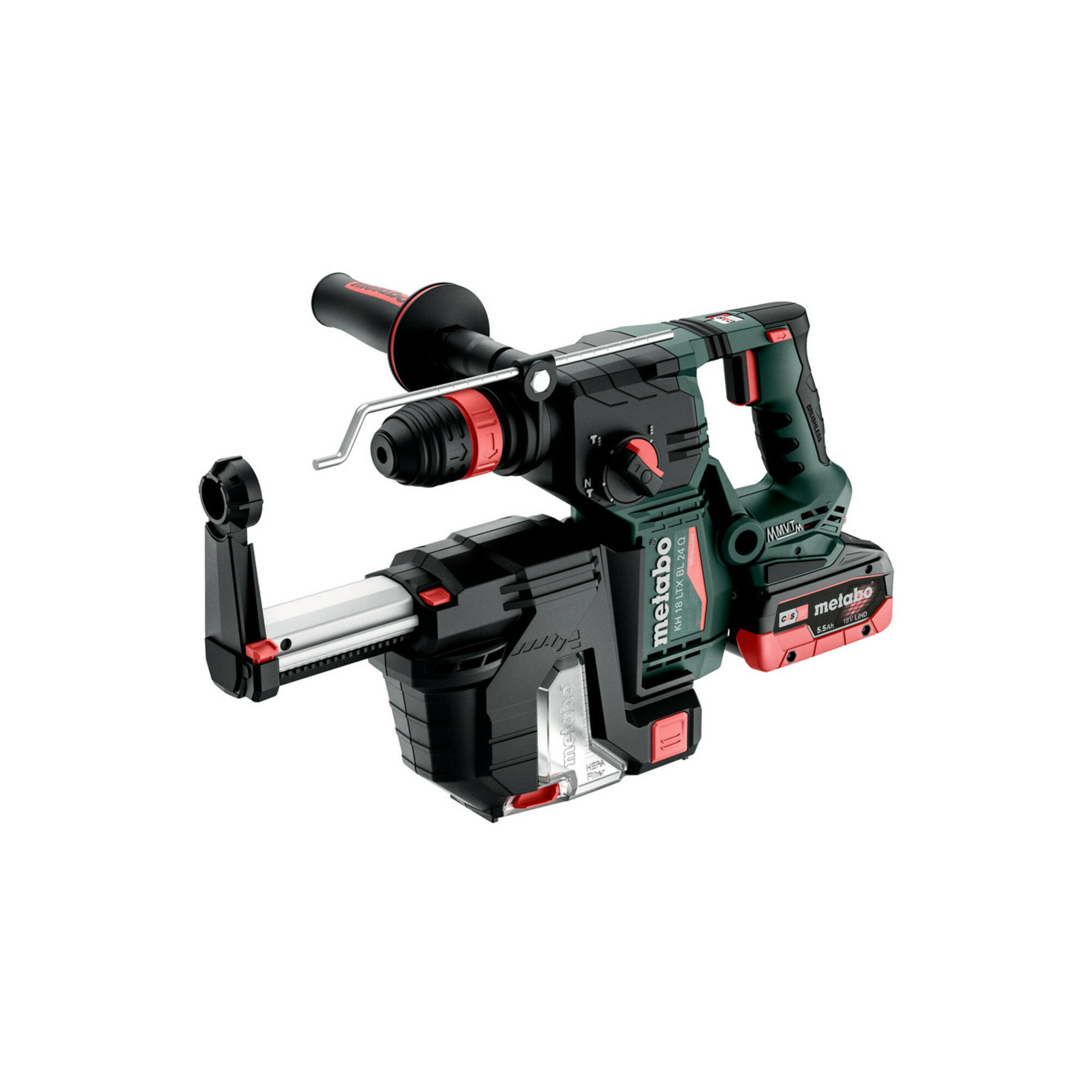 Metabo Akku-Kombihammer KH 18 LTX BL 24 Q Set ISA mit integrierter Staubabsaugung und Metabo-Quick-Wechselfutter ; metaBOX 185 XL; 18V 2x5.5Ah LiHD +