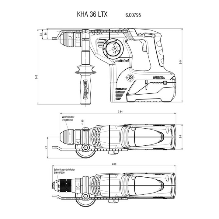 Metabo Akku-Kombihammer KHA 36 LTX mit Metabo-Quick-Wechselfutter; Kunststoffkoffer; 36V 2x5.2Ah Li-Power + ASC Ultra