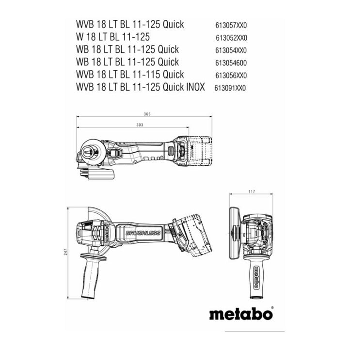 Metabo Akku-Winkelschleifer WB 18 LT BL 11-125 Quick mit Bremse, Schnellspannmutter, drehbarem Akkupack; Karton