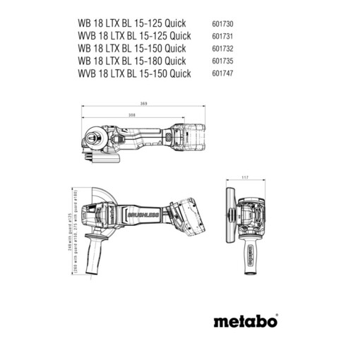 Metabo Akku-Winkelschleifer WVB 18 LTX BL 15-125 Quick mit Bremse, Drehzahlregelung, Schnellspannmutter, drehbarem Akkupack; Karton