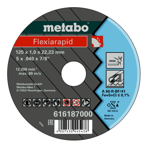 Metabo Disco da taglio Flexiarapid 125x1,0x22,23 Inox, dritto