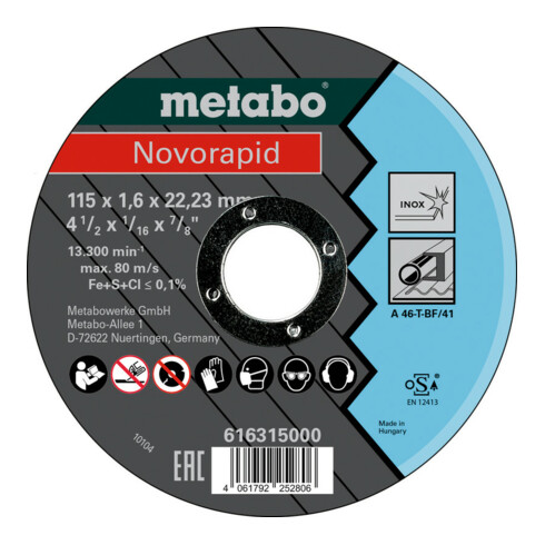 Metabo Disco da taglio Novorapid 115 x 1,6 x 22,23 mm, Inox, versione diritta