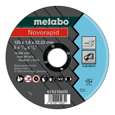 Metabo Disco da taglio Novorapid 125 x 1,6 x 22,23 mm, Inox, versione diritta