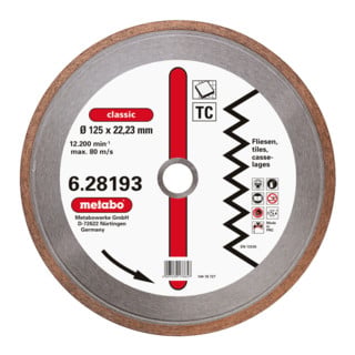 Metabo Disque diamant Dia-TS 125 x 1,7 x 22,23 mm classic TC carrelage