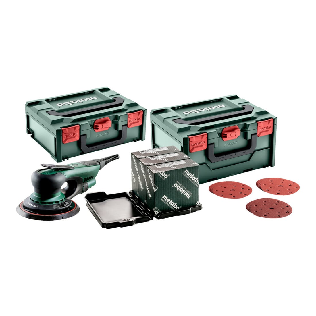 Metabo Exzenterschleifer SXE 150-2.5 BL Set mit metaBOX Schleifmittel-Set "multi-hole", 150 mm, für Holz und Metall; metaBOX 215