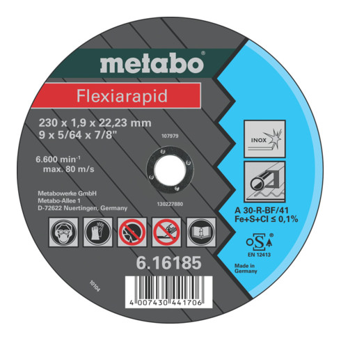 Metabo Flexiarapid 125x1,6x22,23 Inox, doorslijpschijf, rechte uitvoering