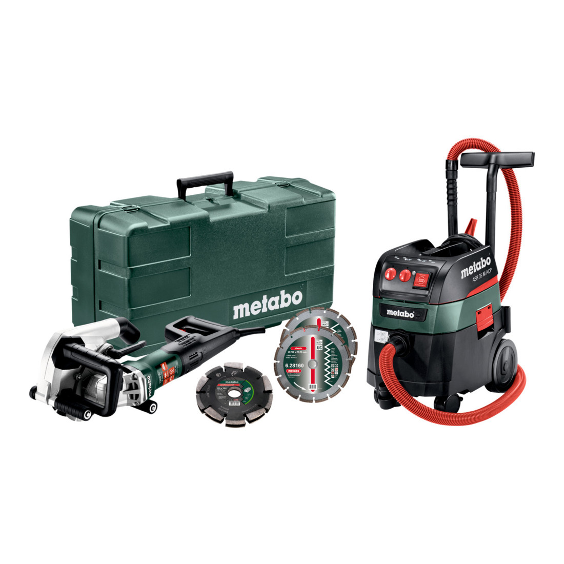 Metabo Fresa per scanalature su muri MFE 40 + aspiratutto ASR 35 M ACP in set + disco per fresatura diamantato 20mm 2 UP + 2 dischi per troncatura diamantati Classic UC, valigetta di plastica