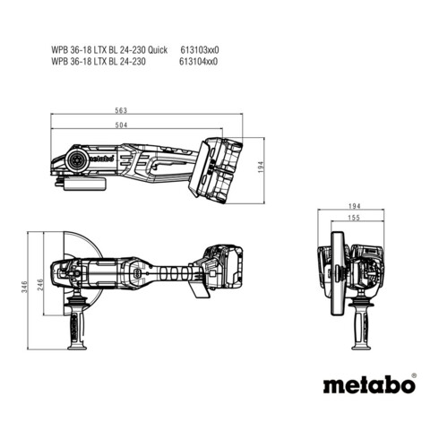 Metabo Haakse accu-slijper WPB 36-18 LTX BL 24-230 Quick (613103810) Kunststof koffer; 18V 4x8Ah LiHD + ASC 145 Duo