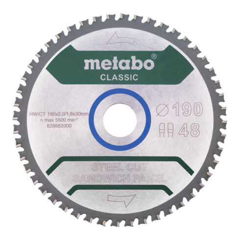 Metabo Lama per sega "steel cut/pannello sandwich - classic", 190x30 Z48 FZ/FA 4° /B