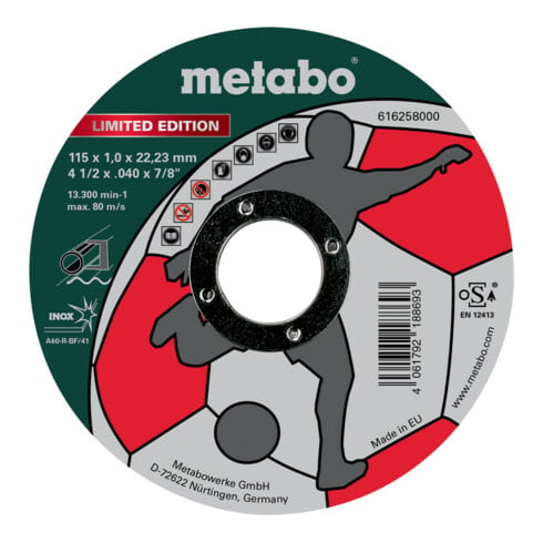 Metabo Disco da taglio Limited Edition Soccer 115x1,0x22,23mm, Inox, dritto
