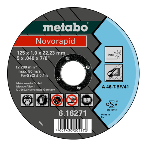 Metabo Novorapid 125x1,0x22,23mm, inox, disco per troncatura, esecuzione diritta