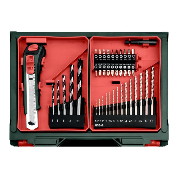 Metabo Perceuse-visseuse sans fil PowerMaxx BS Basic Set (600080710) avec atelier mobile 41 pièces, mallette plastique, 12V 2x2Ah Li-Power + LC 40