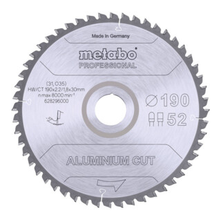 Metabo Sägeblatt "aluminium cut - professional", 190x2,2/1,8x30 Z52 FZ/TZ 5°neg