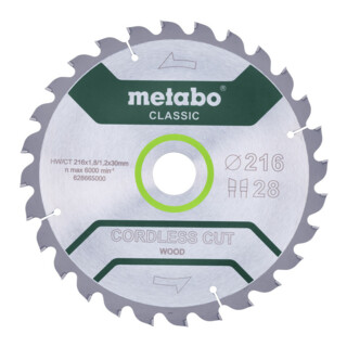 Metabo Kreissägeblatt "cordless cut wood", Qualität classic, für halbstationäre Kreissägen, im Blister