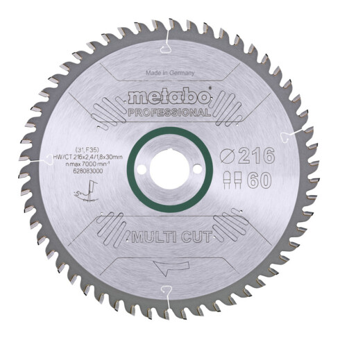 Metabo Sägeblatt "multi cut - professional", 216x2,4/1,8x30, Zähnezahl 60, Z60 FZ/TZ, 5°neg.