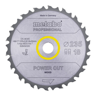 Metabo Sägeblatt "power cut wood - professional", 235x2,6/1,8x30, Z18 FZ/FA 10°