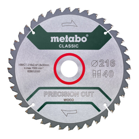 Metabo Sägeblatt "precision cut wood - classic", 216x2,4/1,8x30 Z40 WZ 5°neg /B