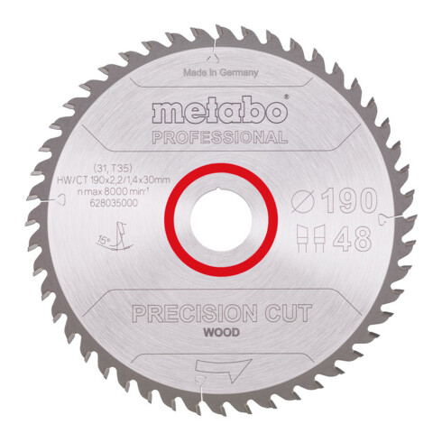 Metabo Sägeblatt "precision cut wood - professional", 190x2,2/1,4x30, Z48 WZ 15°