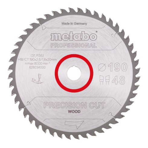 Metabo Sägeblatt "precision cut wood - professional", 190x2,6/1,8x20, Z48 WZ 10°
