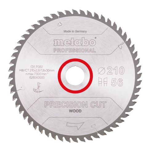 Metabo Sägeblatt "precision cut wood - professional", 210x2,6/1,8x30, Z56 WZ 10°