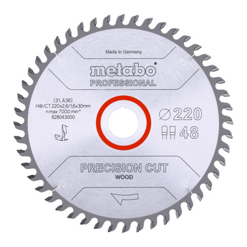 Metabo Sägeblatt "precision cut wood - professional", 220x2,6/1,6x30, Z48 DZ/HZ 10°