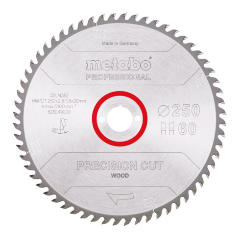 Metabo Sägeblatt "precision cut wood - professional", 250x2,8/1,8x30, Z60 WZ 15°