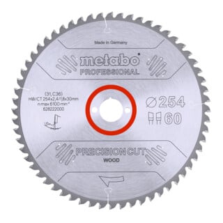 Metabo Sägeblatt "precision cut wood - professional", 254x2,4/1,8x30, Z60 WZ 5° neg.