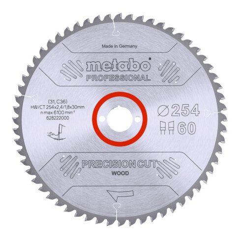 Metabo Sägeblatt "precision cut wood - professional", 254x2,4/1,8x30, Z60 WZ 5° neg.