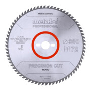 Metabo Sägeblatt "precision cut wood - professional", 300x2,8/1,8x30, Z72 WZ 10°
