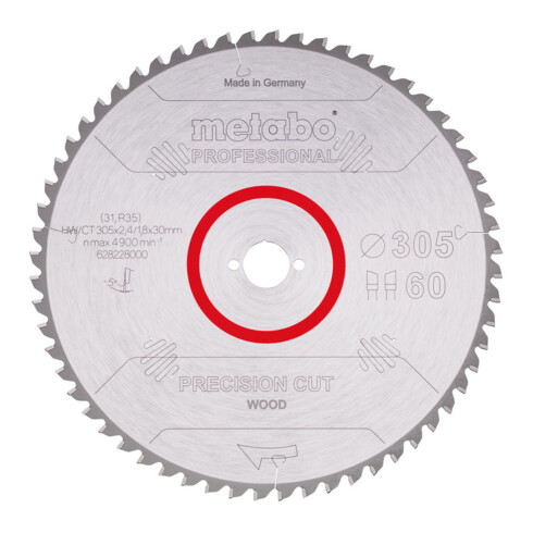 Metabo Sägeblatt "precision cut wood - professional", 305x2,4/1,8x30, Z60 WZ 5° neg.