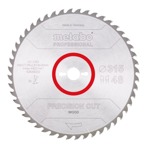 Metabo Sägeblatt "precision cut wood - professional", 315x2,8/1,8x30, Z48 WZ 15°