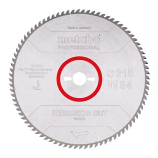 Metabo Sägeblatt "precision cut wood - professional", 315x2,8/1,8x30, Z84 WZ 10°