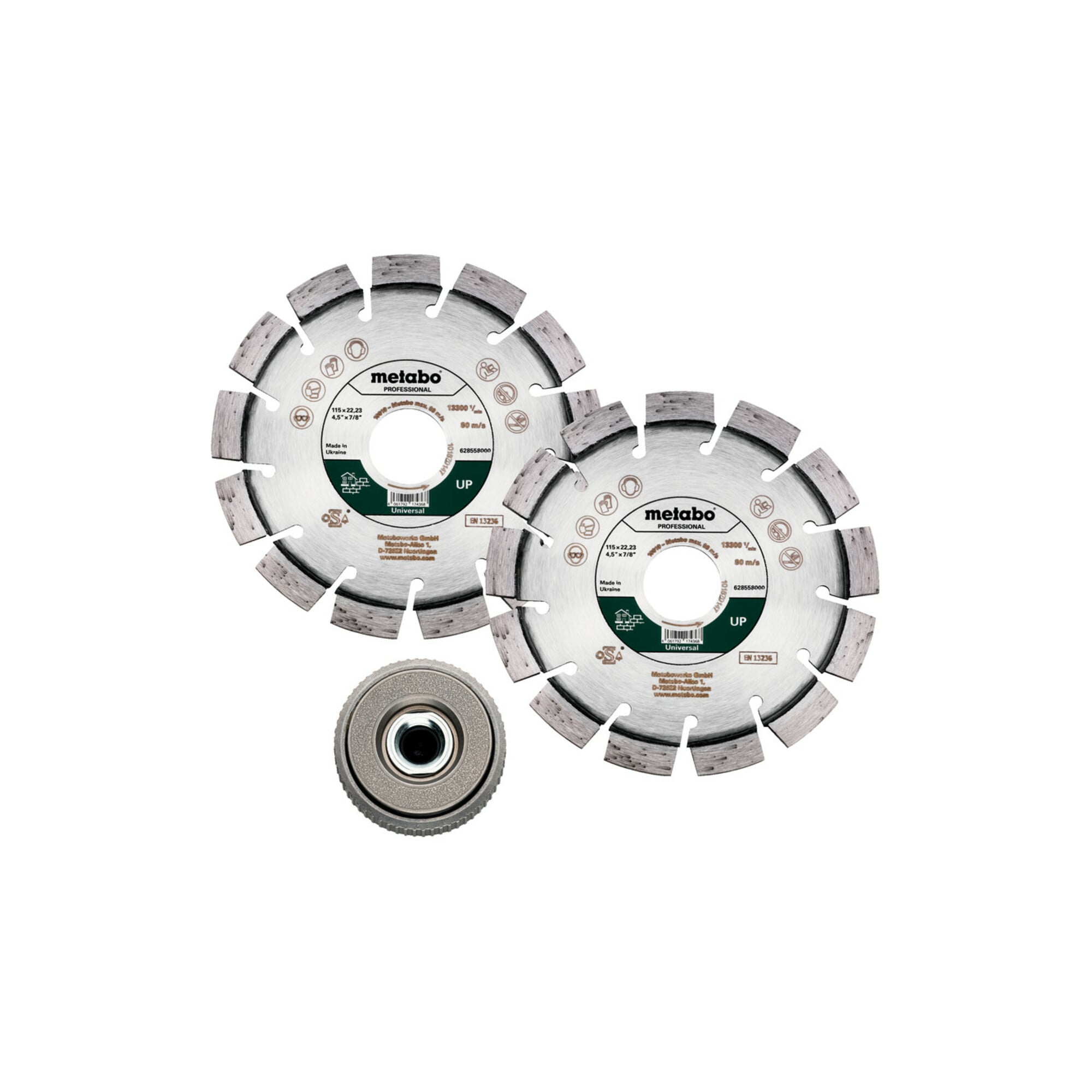Metabo Set: 2xDiamanttrennscheibe 115x22,23mm, "UP"+ 1xQuickspannmutter M 14