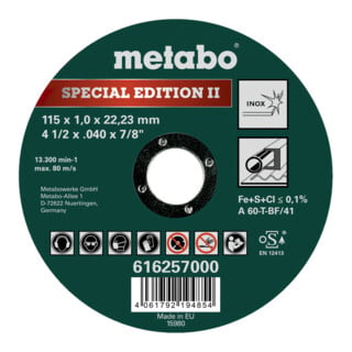 Metabo Special Edition II 115 x 1,0 x 22,23 mm, Inox, doorslijpschijf, recht model