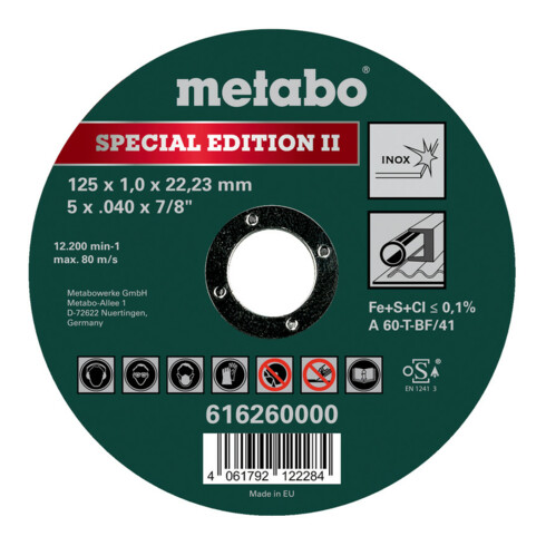 Metabo Special Edition II 125 x 1,0 x 22,23 mm, Inox, disque à tronçonner, modèle droit